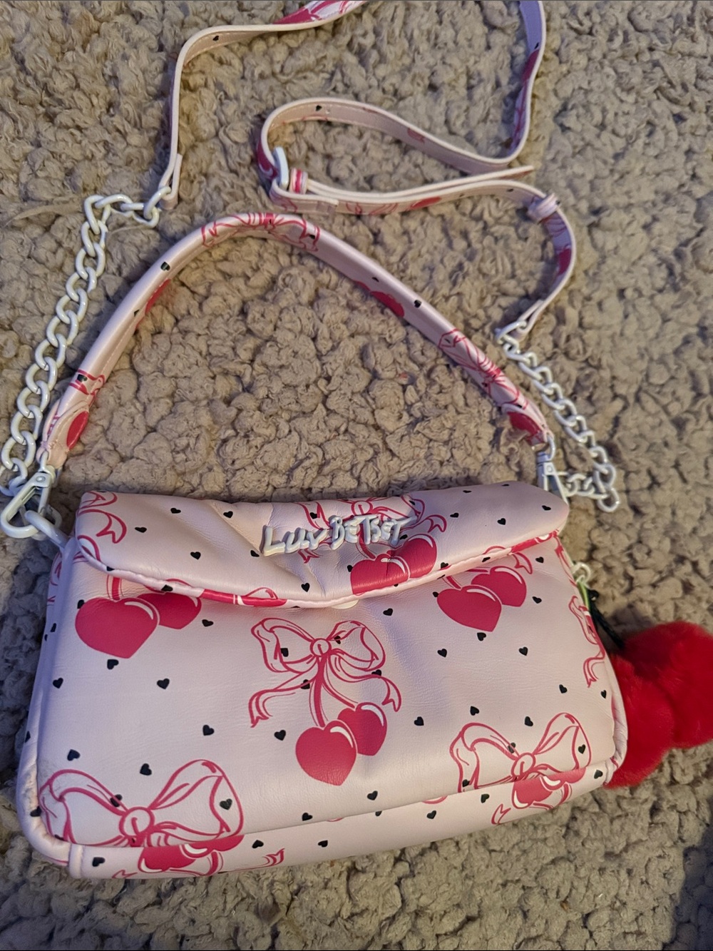 Betsey Johnson Cherry Berry Bow Pom Top Handle Satchel Bag Crossbody Puffer